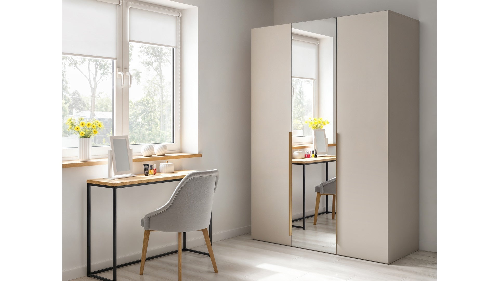 Flex 3-Door Wardrobe with Mirror 150 cm – Uni Kashmir / Grey | Scratch-Resistant