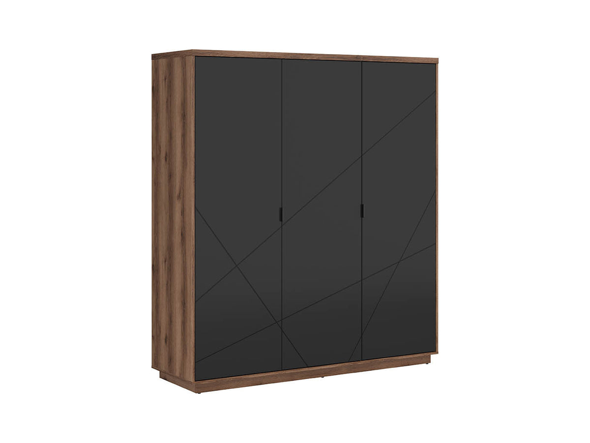 Forn 3-Door Wardrobe 180 cm – Dark Delano Oak / Matt Black | Rail, 4 Shelves & 2 Drawers