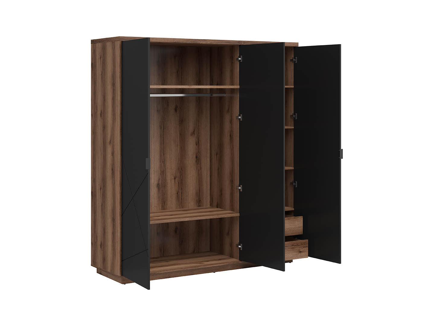 Forn 3-Door Wardrobe 180 cm – Dark Delano Oak / Matt Black | Rail, 4 Shelves & 2 Drawers