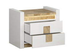 Alameda Bedside Table 62 cm – White Gloss / Westminster Oak | 2 Drawers & Built-In LED Light