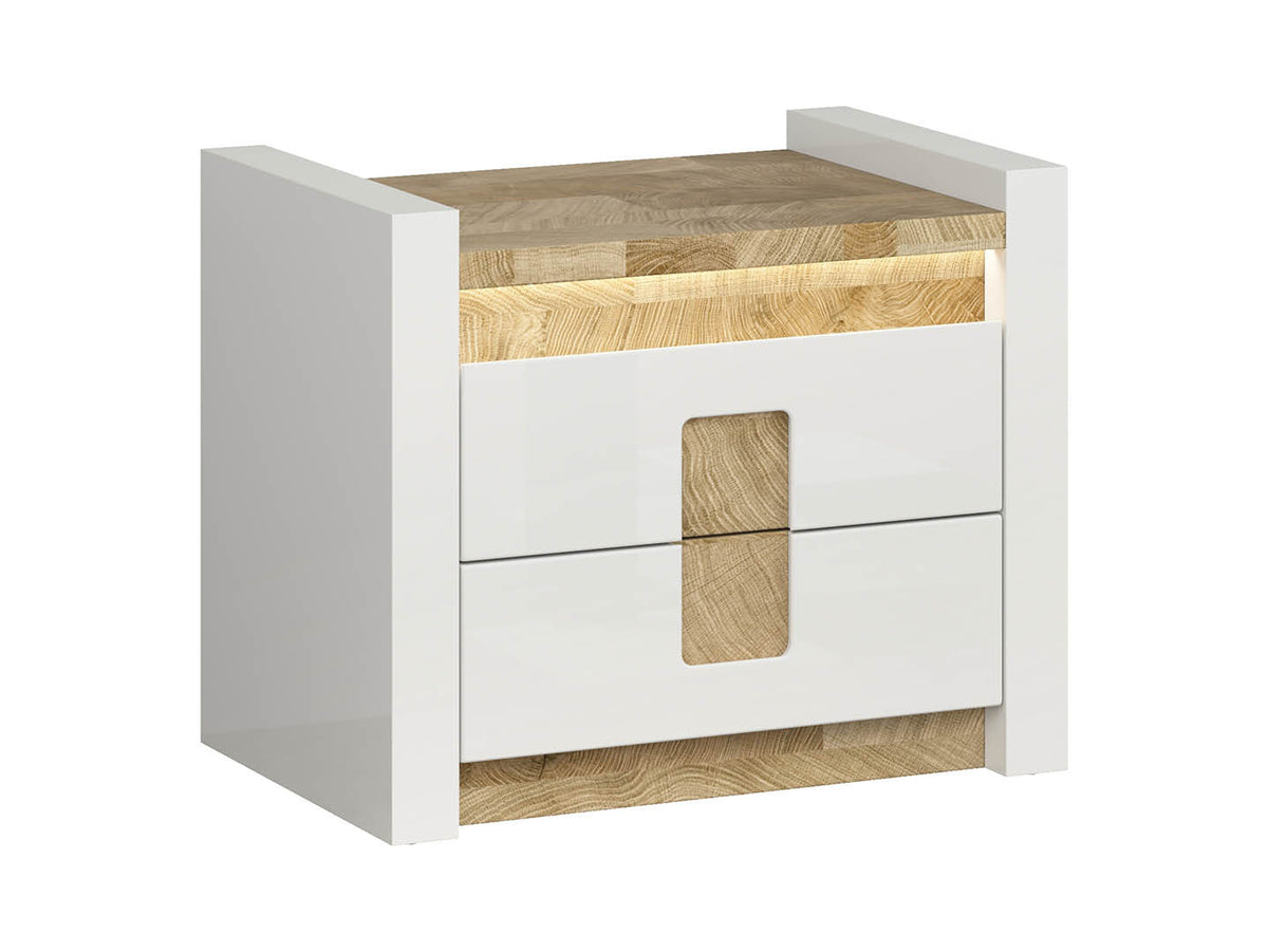 Alameda Bedside Table 62 cm – White Gloss / Westminster Oak | 2 Drawers & Built-In LED Light