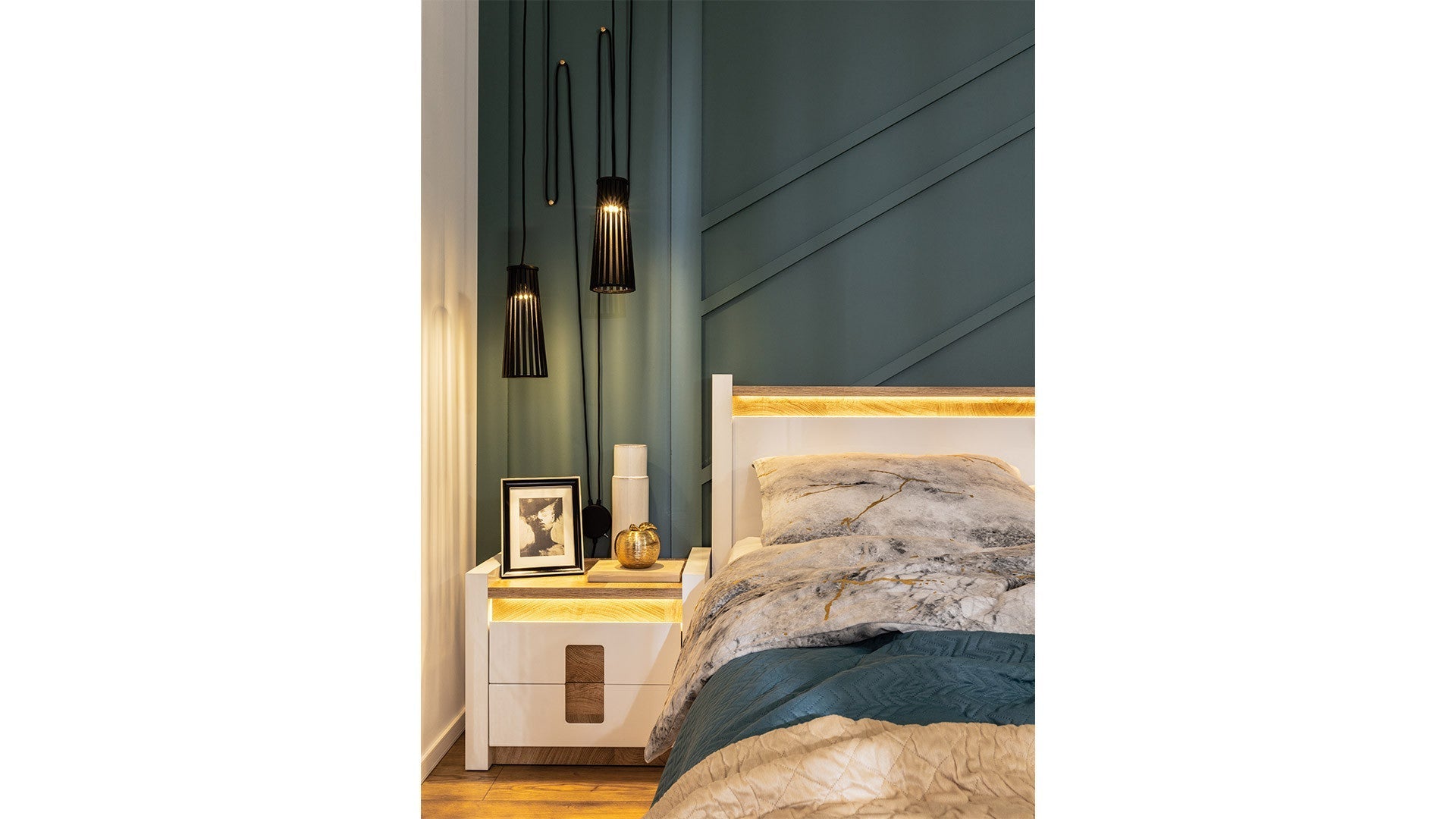 Alameda Bedside Table 62 cm – White Gloss / Westminster Oak | 2 Drawers & Built-In LED Light