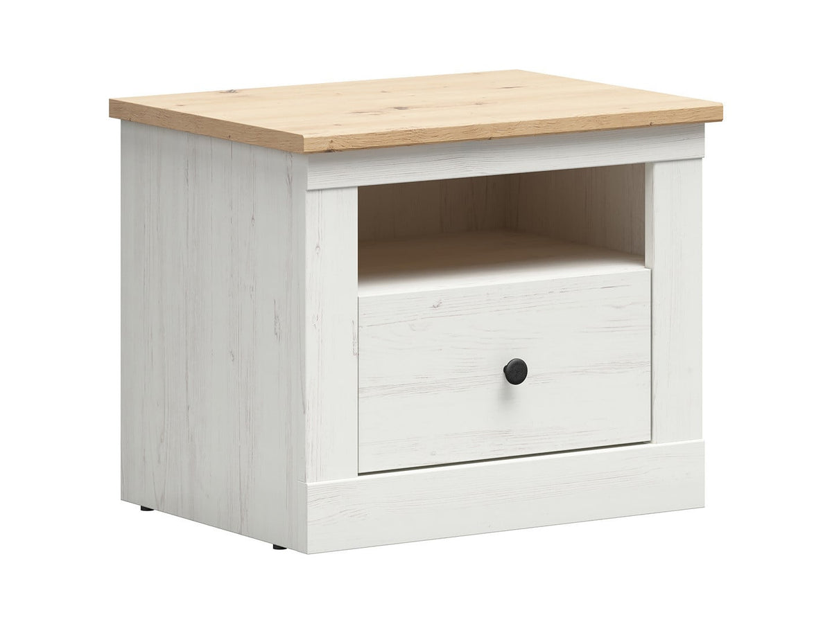 Frija Bedside Table – Andersen Pine White & Artisan Oak, Soft-Close Drawer, Open Shelf, Scandinavian