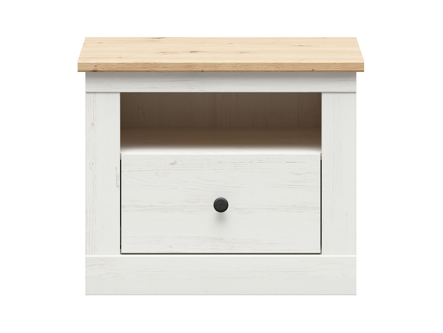Frija Bedside Table – Andersen Pine White & Artisan Oak, Soft-Close Drawer, Open Shelf, Scandinavian