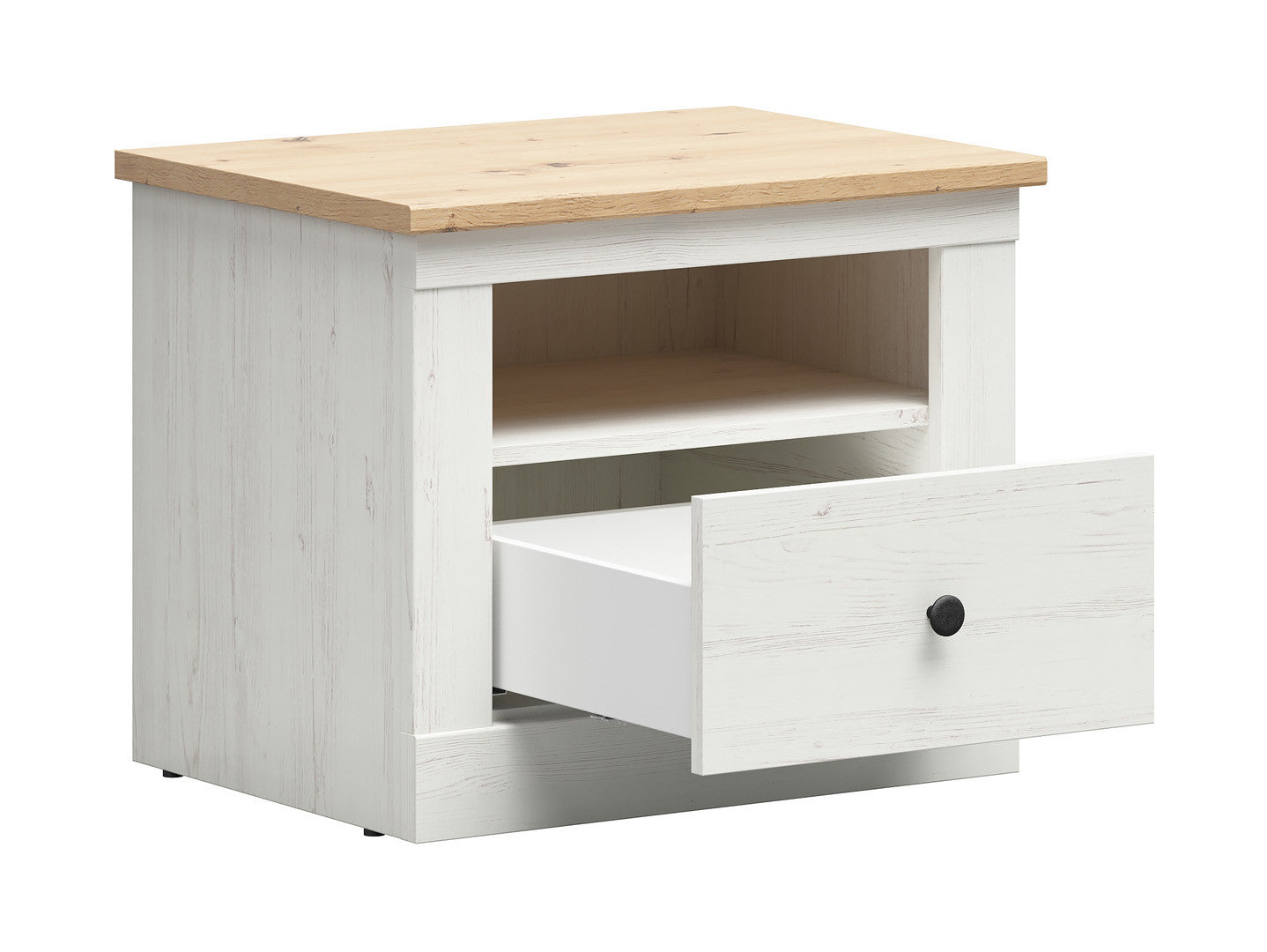 Frija Bedside Table – Andersen Pine White & Artisan Oak, Soft-Close Drawer, Open Shelf, Scandinavian