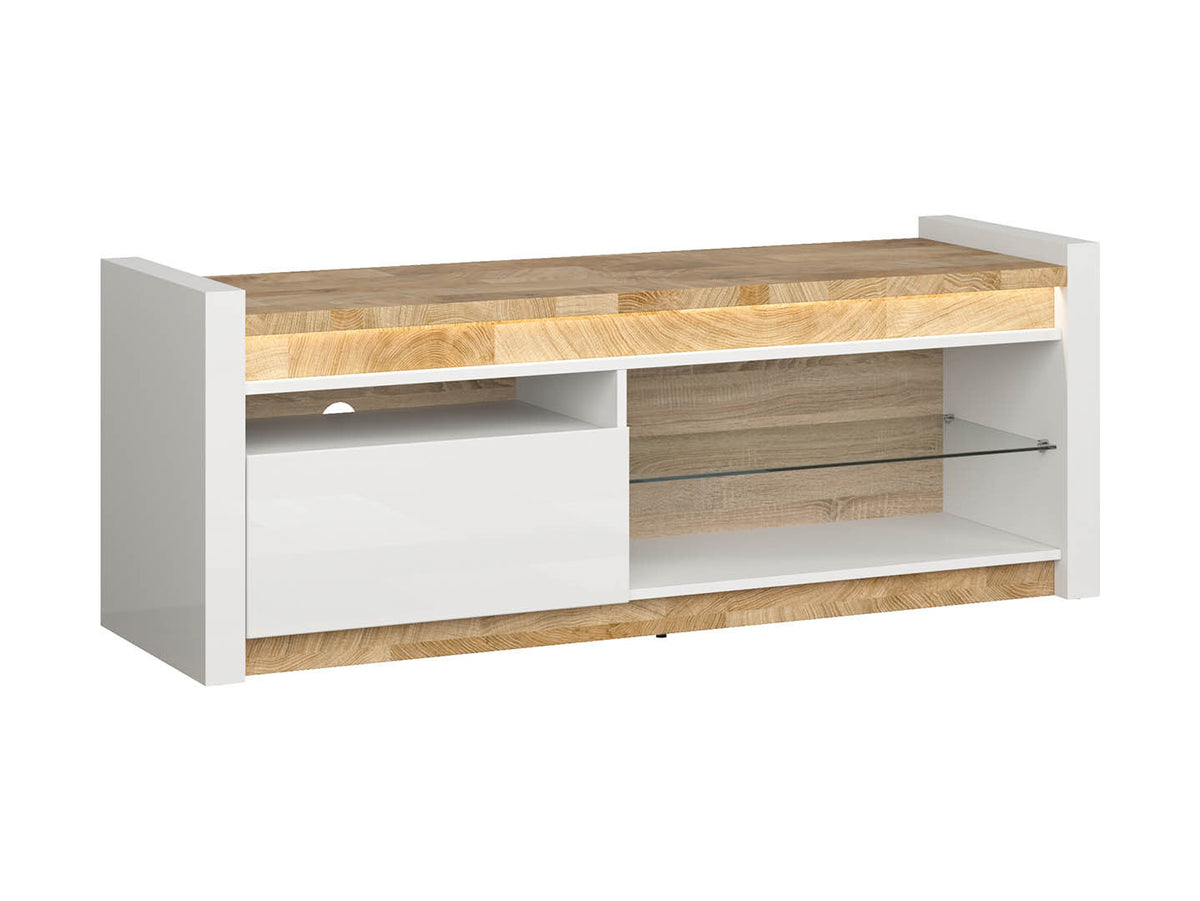 Alameda TV Unit 147 cm with LED Lighting & Drawer – White Gloss / Westminster Oak