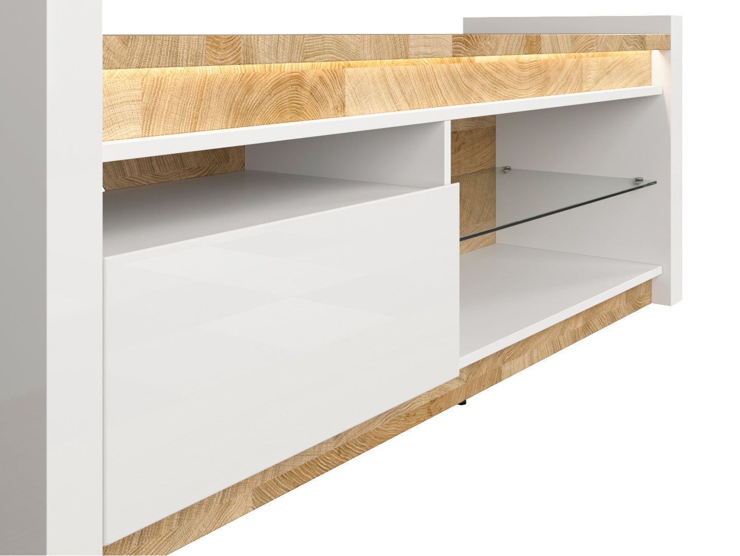 Alameda TV Unit 147 cm with LED Lighting & Drawer – White Gloss / Westminster Oak