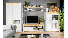 Alameda TV Unit 147 cm with LED Lighting & Drawer – White Gloss / Westminster Oak