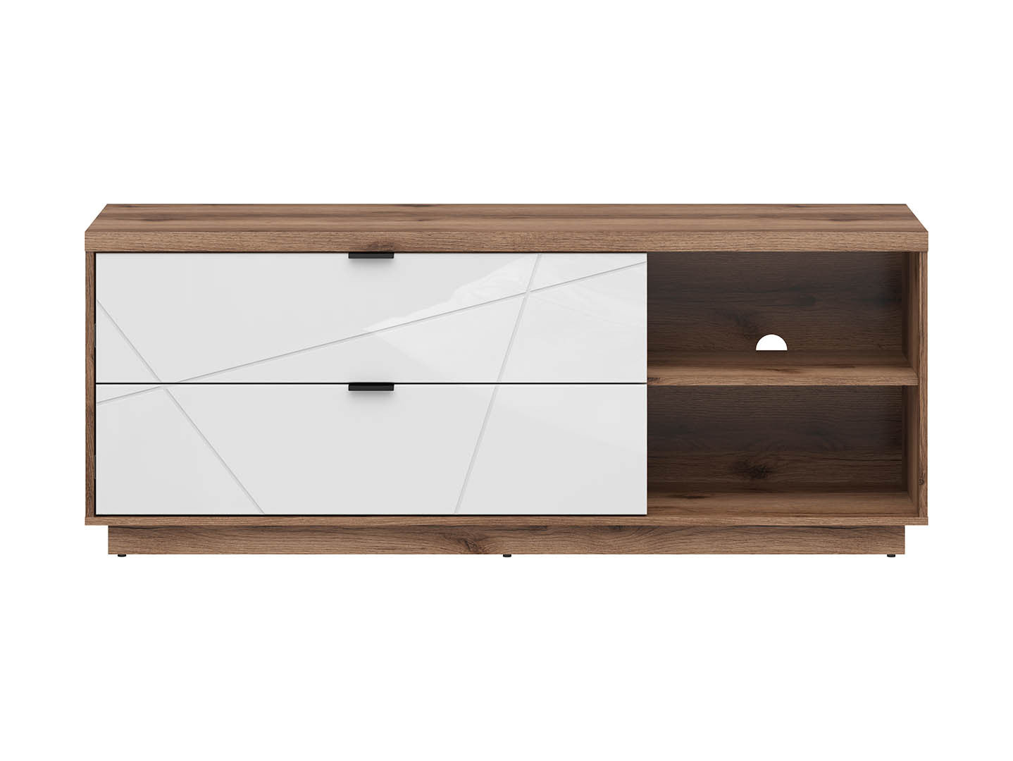 Forn — TV Cabinet | 156 × 61 cm | 2 Drawers & 2 Open Shelves | Dark Delano Oak & White Gloss