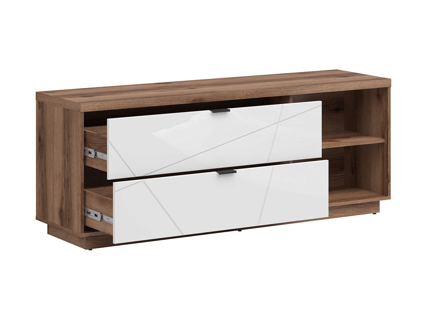 Forn — TV Cabinet | 156 × 61 cm | 2 Drawers & 2 Open Shelves | Dark Delano Oak & White Gloss