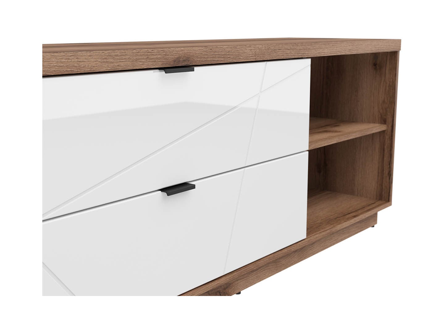 Forn — TV Cabinet | 156 × 61 cm | 2 Drawers & 2 Open Shelves | Dark Delano Oak & White Gloss