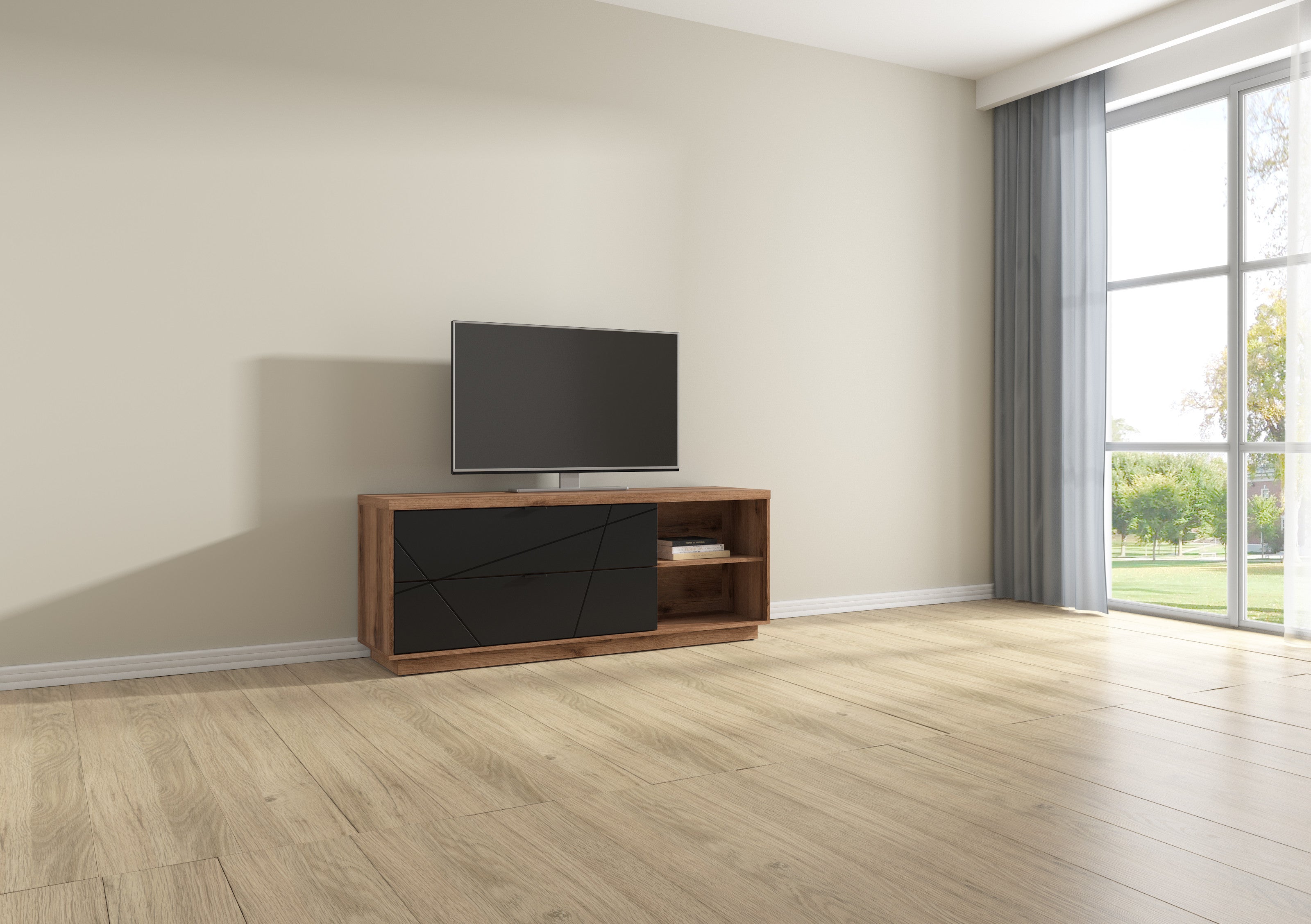 Forn TV Cabinet with 2 Drawers & Shelves | Dark Delano Oak & Black Matt | 156x61cm