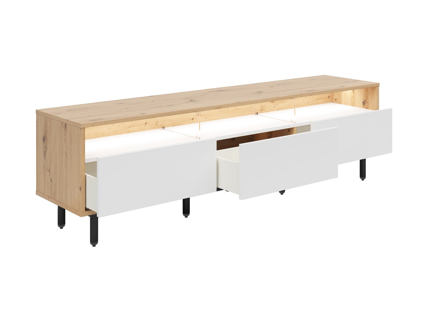 Gap TV Unit 190 cm – Artisan Oak, White & Black | Centre Media Shelf with Cable Hole | 3 Drawers | Black Legs