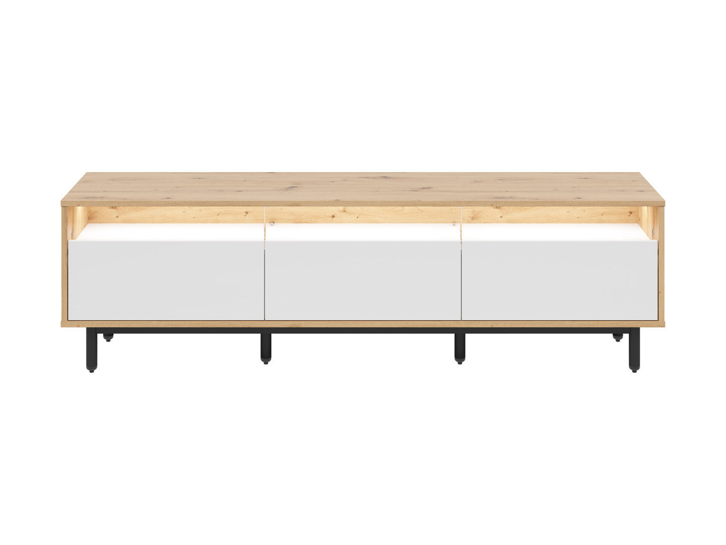 Gap TV Unit 190 cm – Artisan Oak, White & Black | Centre Media Shelf with Cable Hole | 3 Drawers | Black Legs