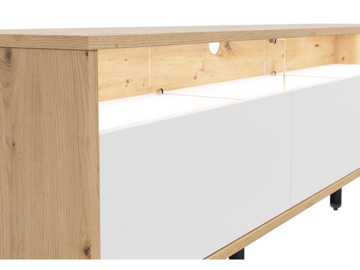 Gap TV Unit 190 cm – Artisan Oak, White & Black | Centre Media Shelf with Cable Hole | 3 Drawers | Black Legs