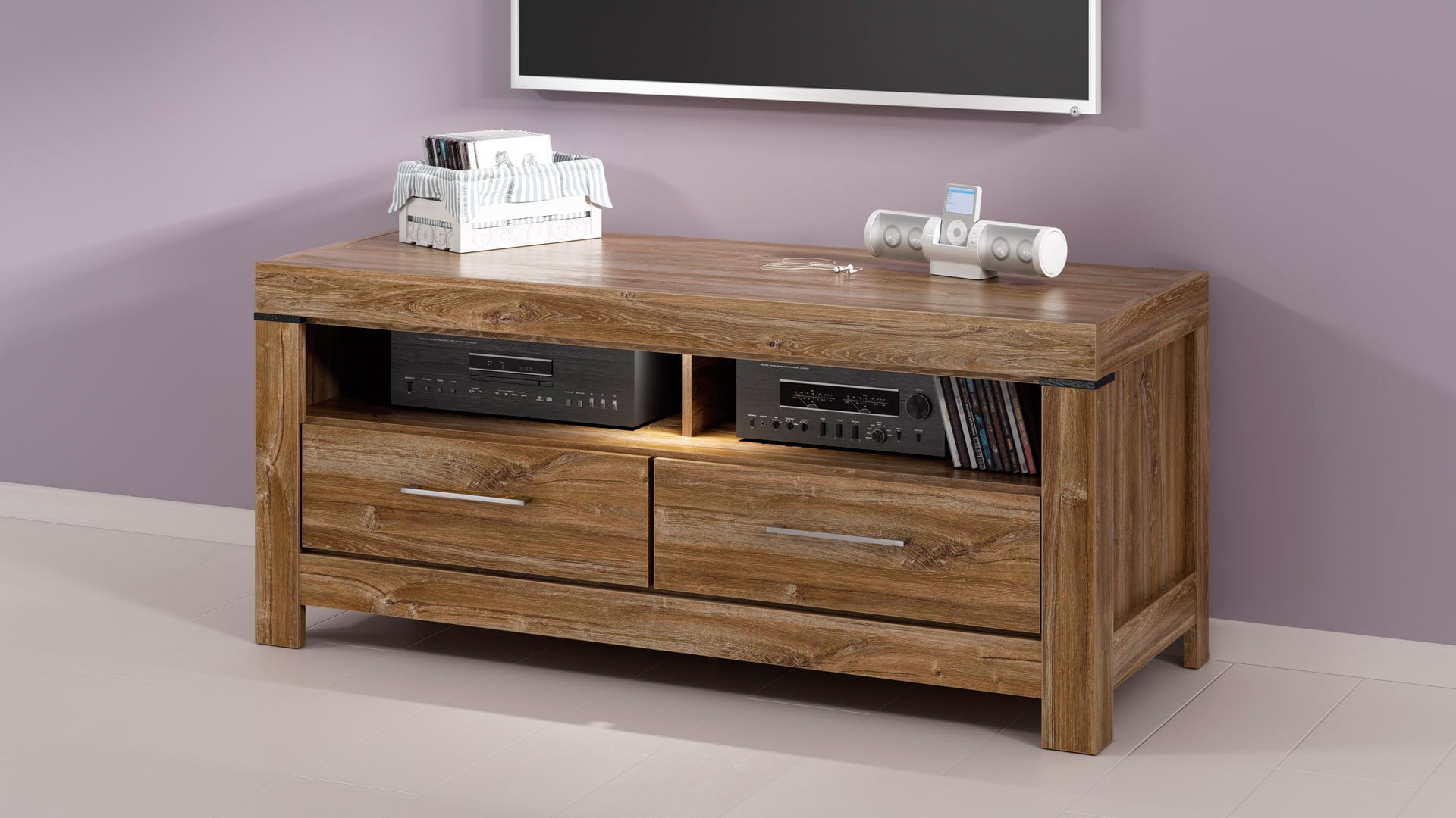Gent TV Unit 138.5 cm with LED Lighting & 2 Drawers – Stirling Oak