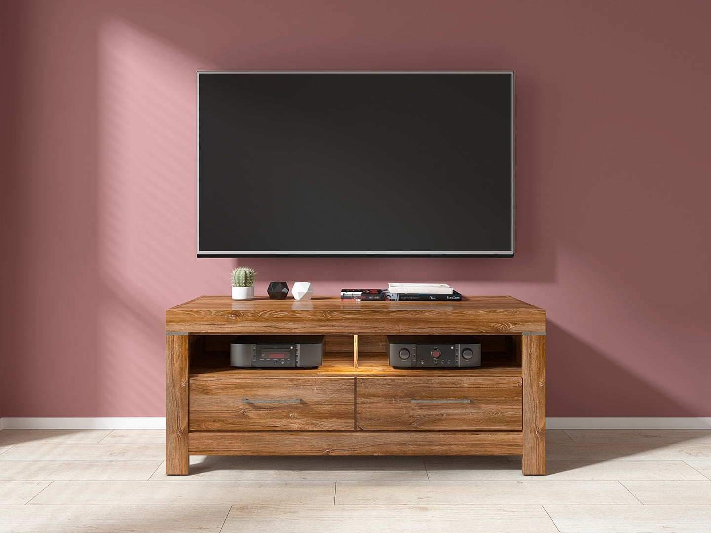 Gent TV Unit 138.5 cm with LED Lighting & 2 Drawers – Stirling Oak