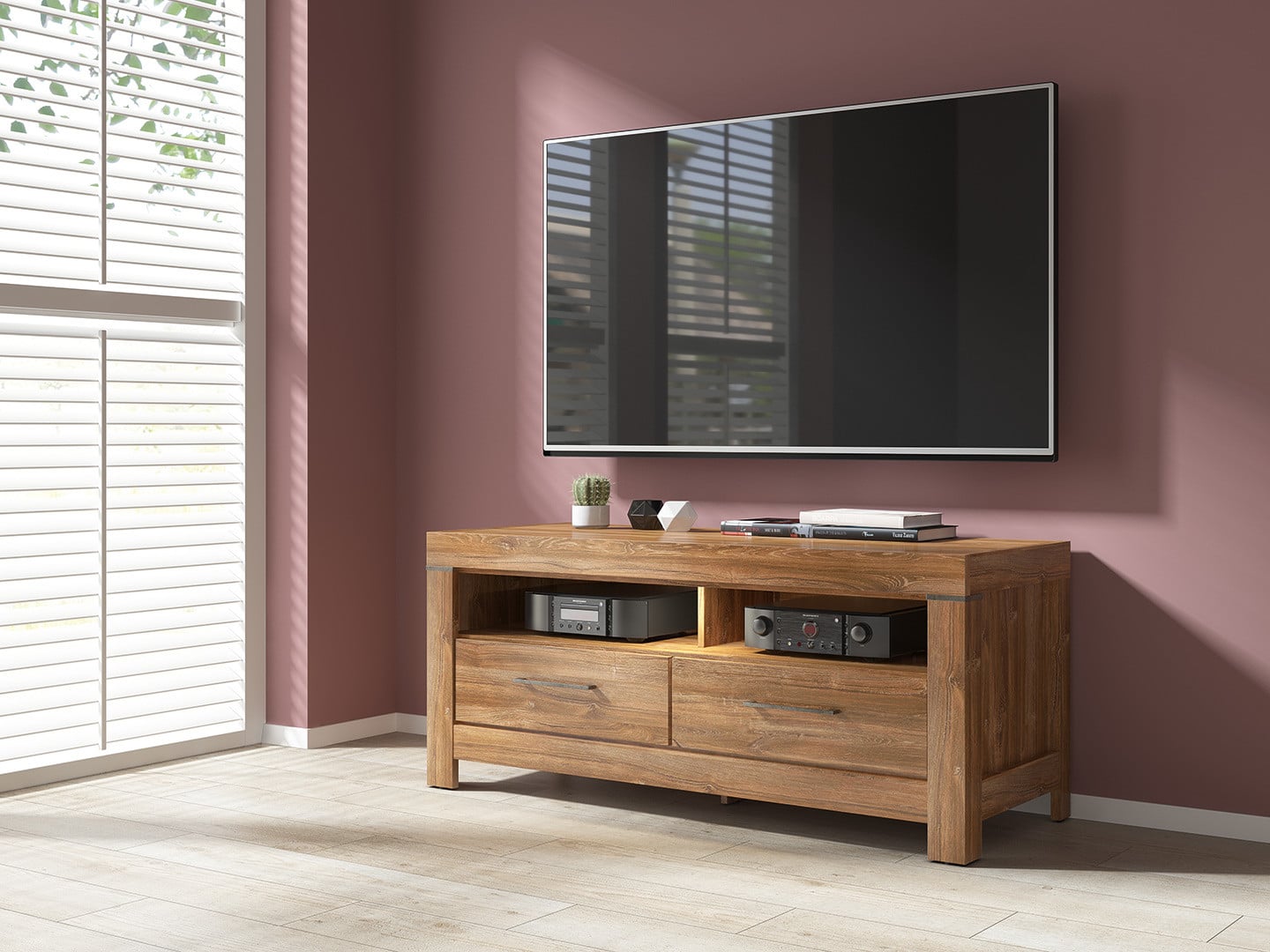 Gent TV Unit 138.5 cm with LED Lighting & 2 Drawers – Stirling Oak