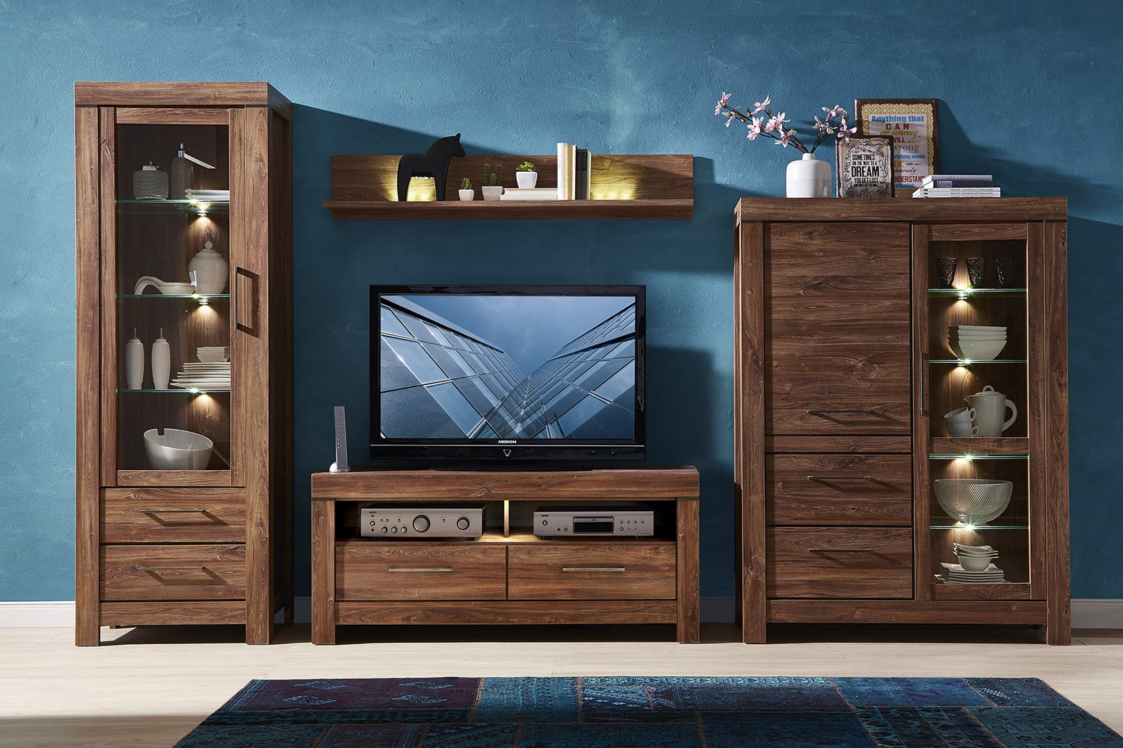 Gent TV Unit 138.5 cm with LED Lighting & 2 Drawers – Stirling Oak