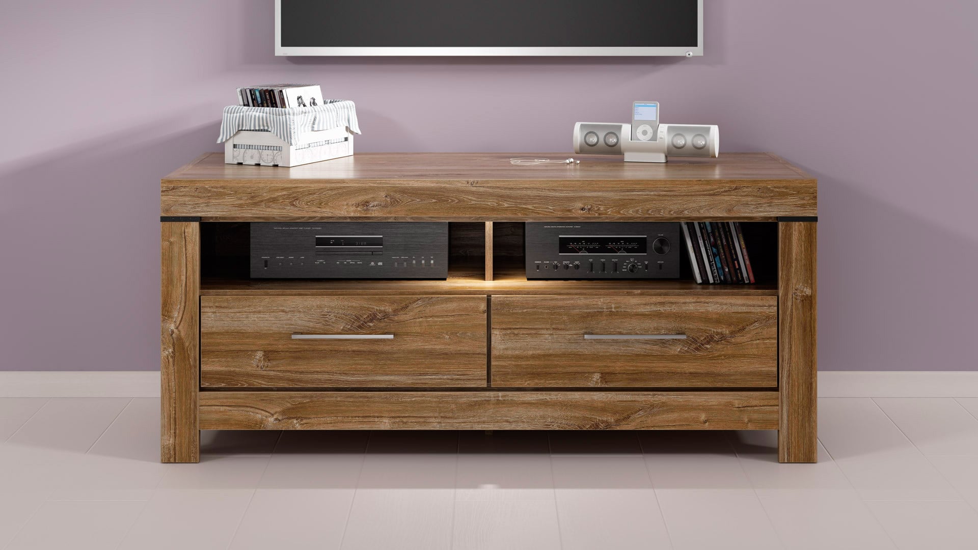 Gent TV Unit 138.5 cm with LED Lighting & 2 Drawers – Stirling Oak