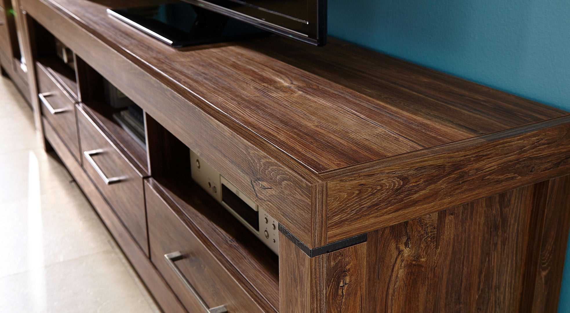 Gent TV Cabinet with 3 Drawers, Open Shelves & LED Lighting | Stirling Oak | 200x60cm