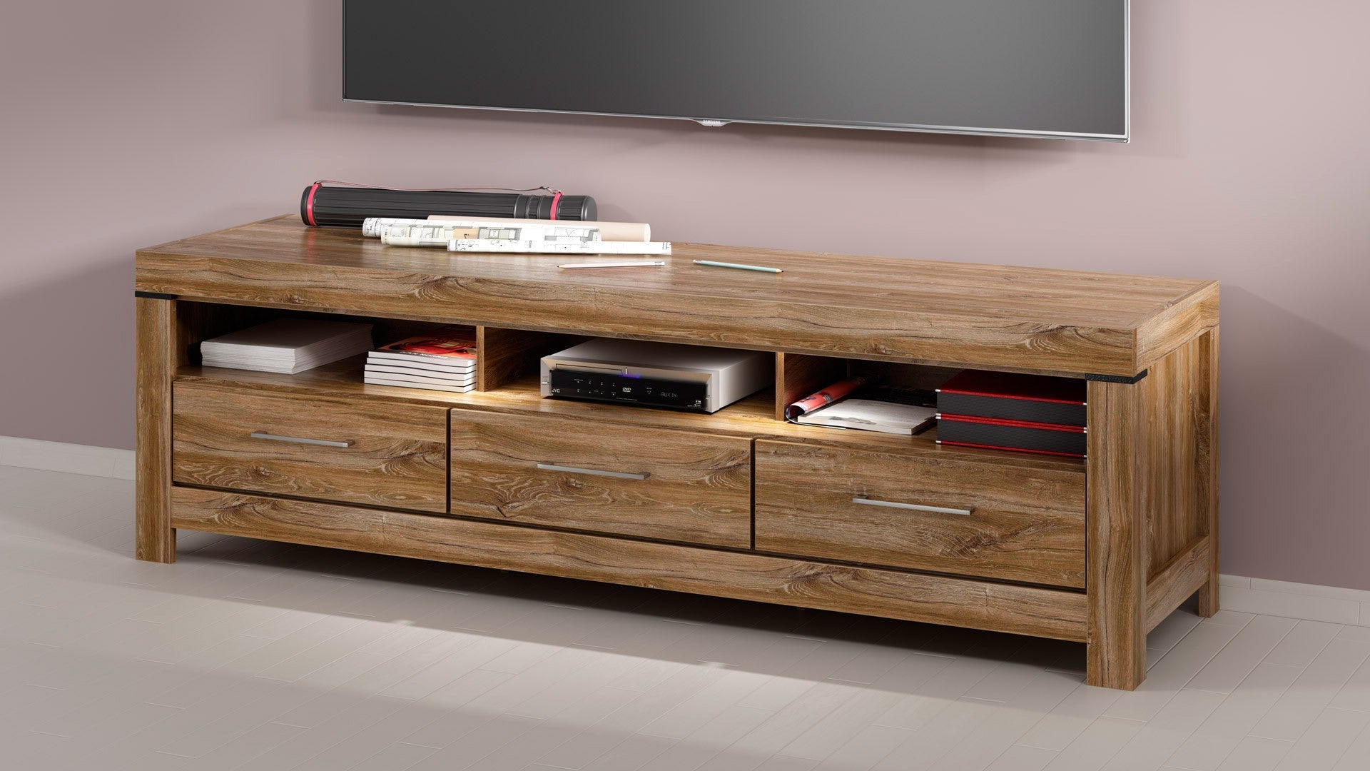 Gent TV Cabinet with 3 Drawers, Open Shelves & LED Lighting | Stirling Oak | 200x60cm