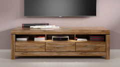 Gent TV Cabinet with 3 Drawers, Open Shelves & LED Lighting | Stirling Oak | 200x60cm