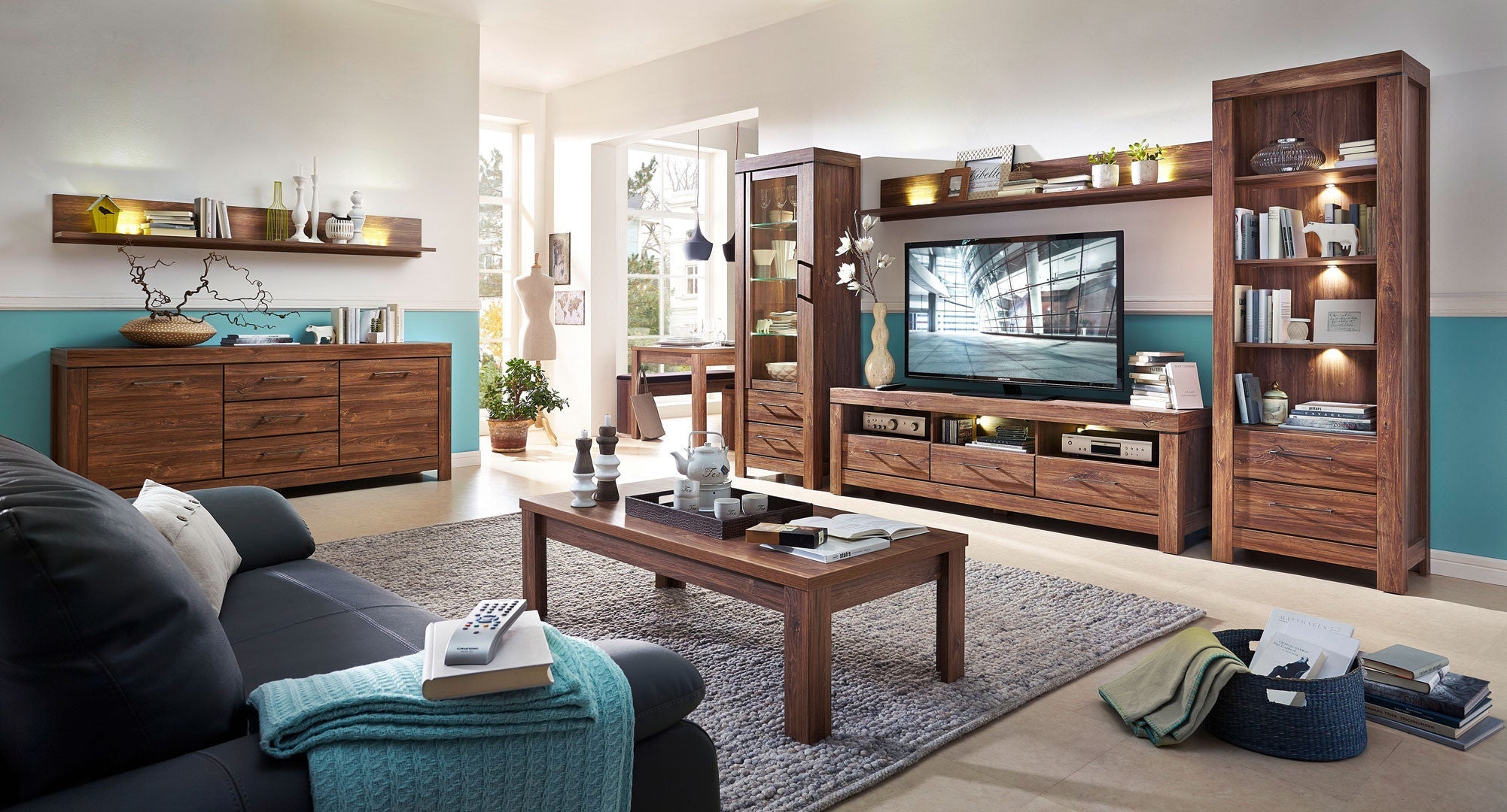 Gent TV Cabinet with 3 Drawers, Open Shelves & LED Lighting | Stirling Oak | 200x60cm