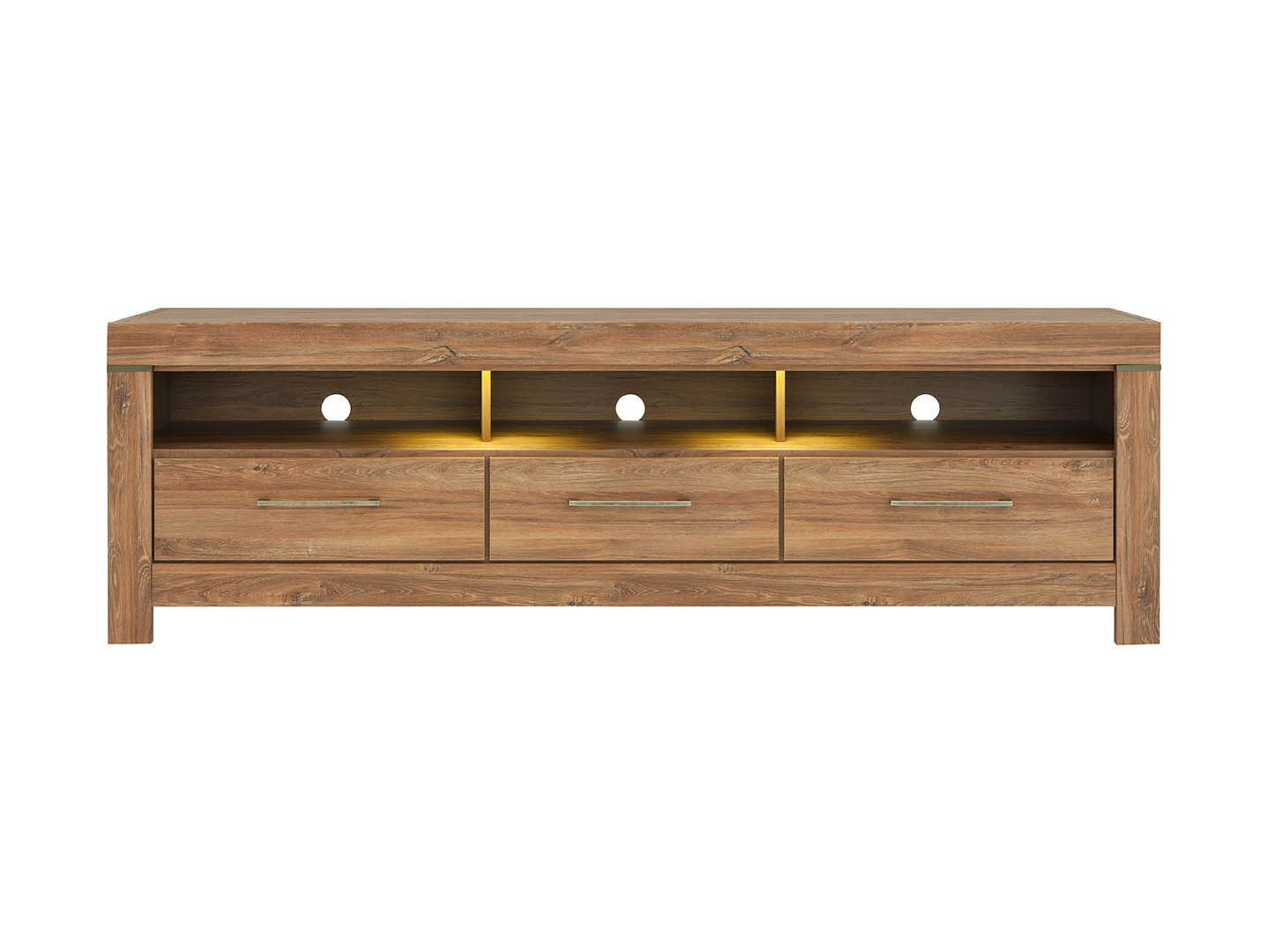 Gent TV Cabinet with 3 Drawers, Open Shelves & LED Lighting | Stirling Oak | 200x60cm