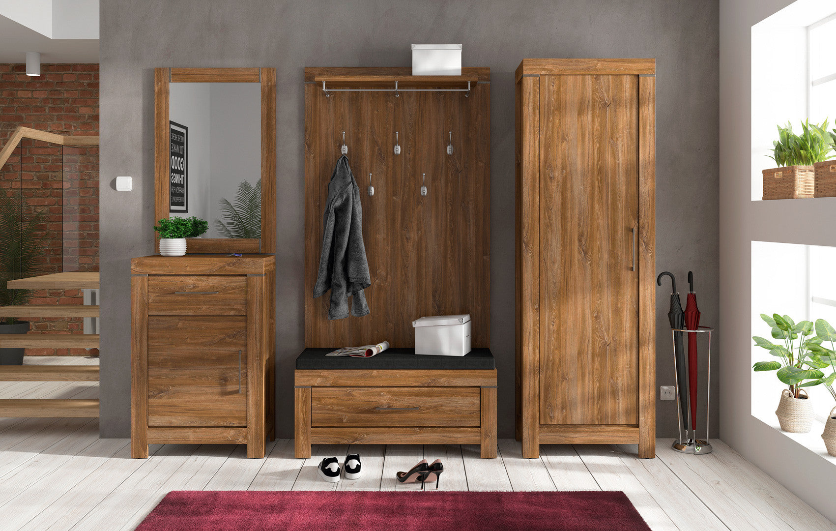 Gent Coat Rack Panel | Stirling Oak | 5 Double Hooks + Rail + Shelf | 101×168 cm