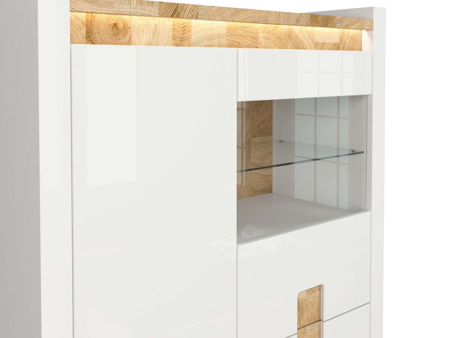 Alameda Display Cabinet 102x141 cm – LED, Glass Doors, 2 Drawers, White Gloss & Oak