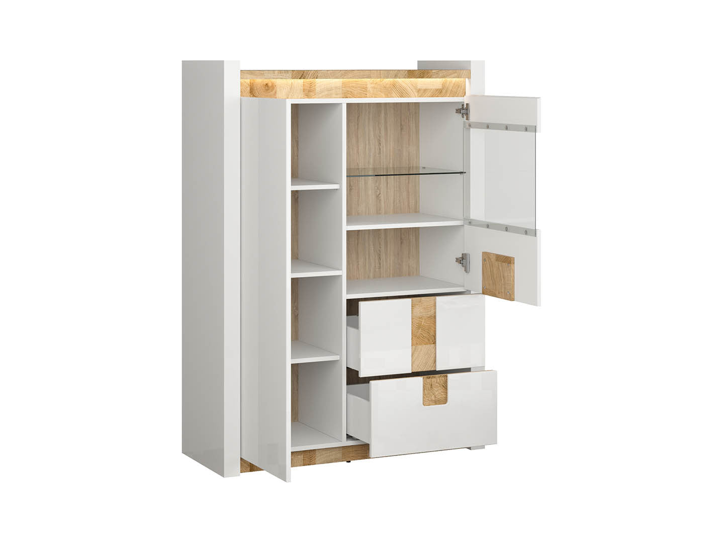 Alameda Display Cabinet 102x141 cm – LED, Glass Doors, 2 Drawers, White Gloss & Oak
