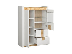 Alameda Display Cabinet 102x141 cm – LED, Glass Doors, 2 Drawers, White Gloss & Oak
