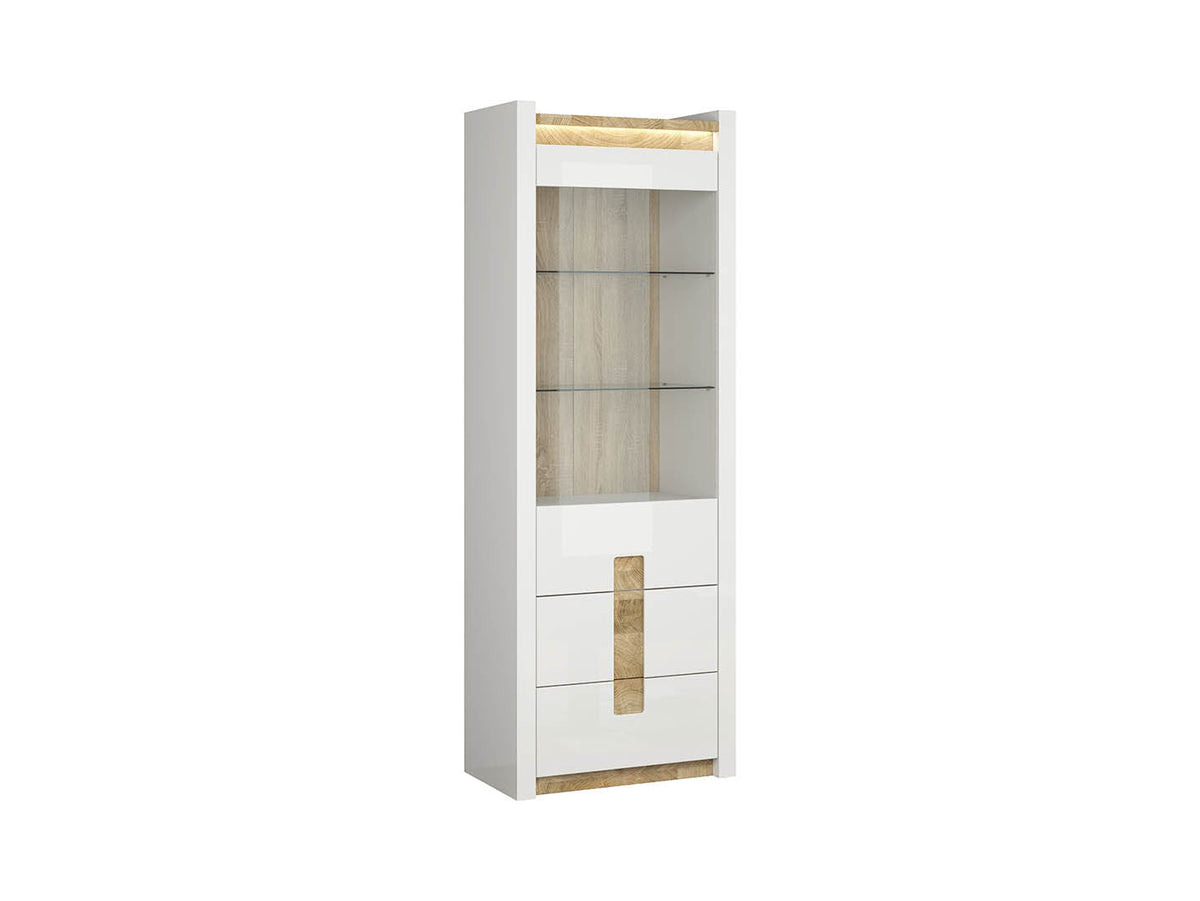 Alameda — Display Cabinet | 72 × 201.5 cm | 2 Glass Shelves & 2 Drawers | LED | White Gloss & Westminster Oak
