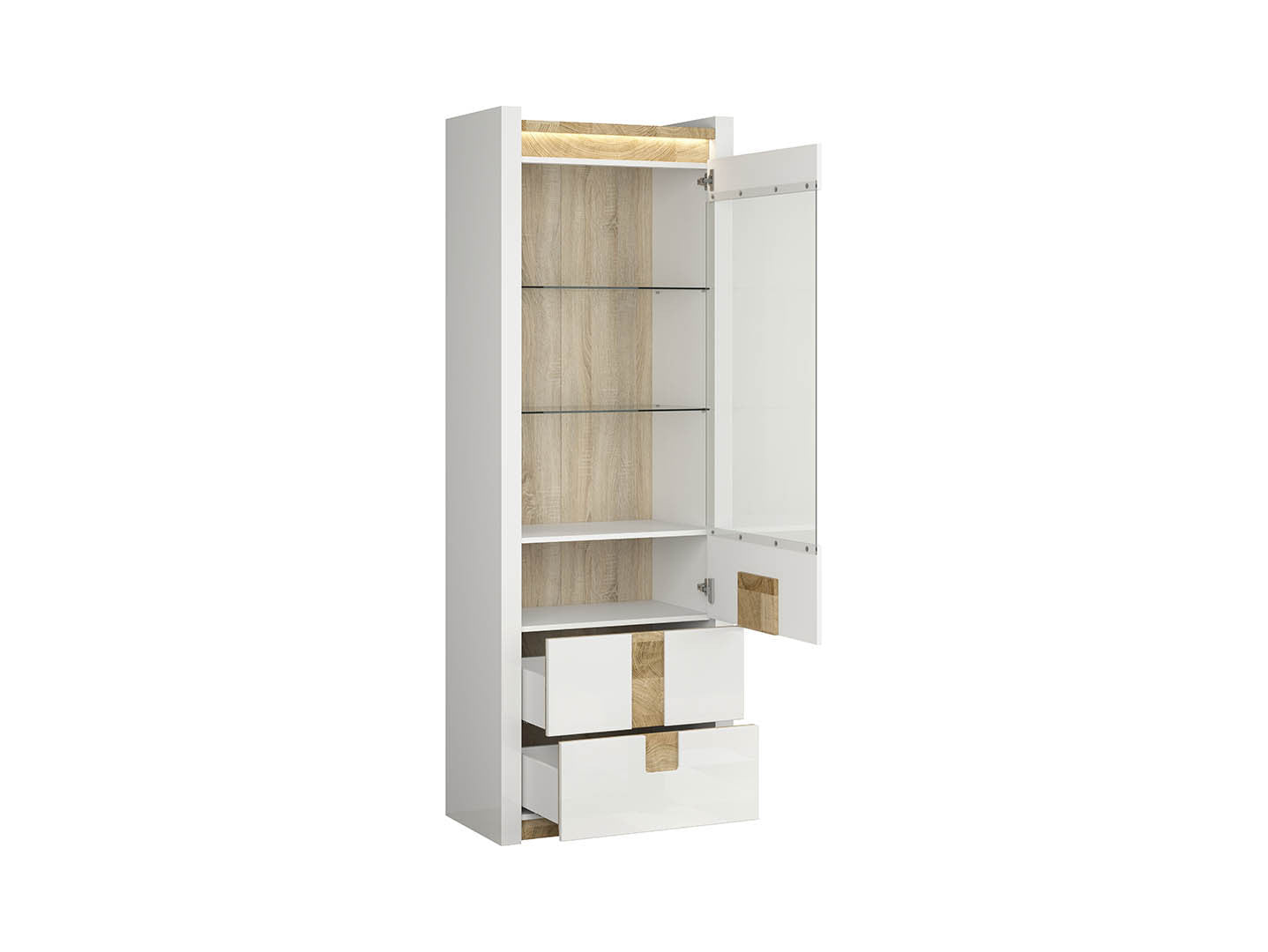 Alameda — Display Cabinet | 72 × 201.5 cm | 2 Glass Shelves & 2 Drawers | LED | White Gloss & Westminster Oak