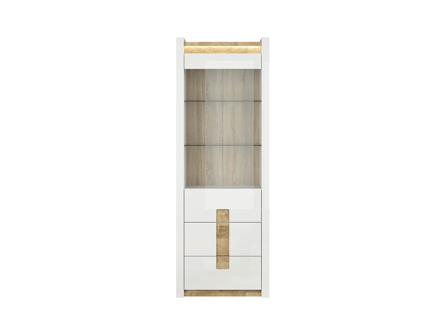 Alameda — Display Cabinet | 72 × 201.5 cm | 2 Glass Shelves & 2 Drawers | LED | White Gloss & Westminster Oak