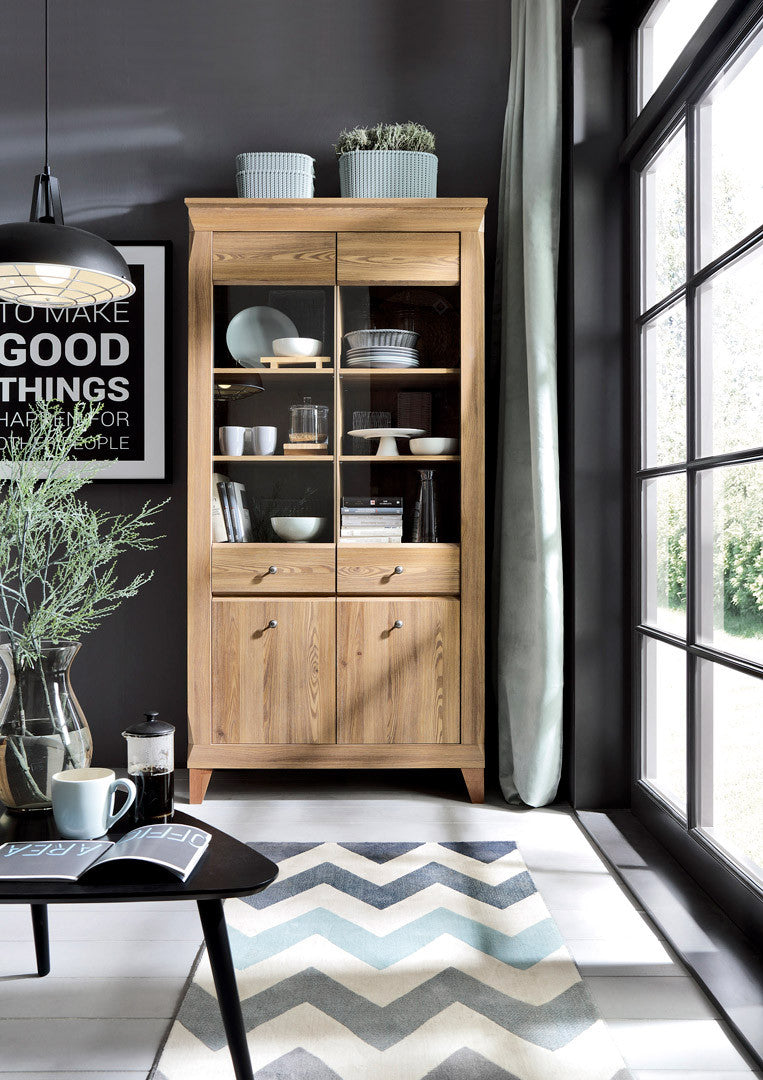 Bergen Display Cabinet — Glass Doors, LED Lighting & Golden Sibiu Larch