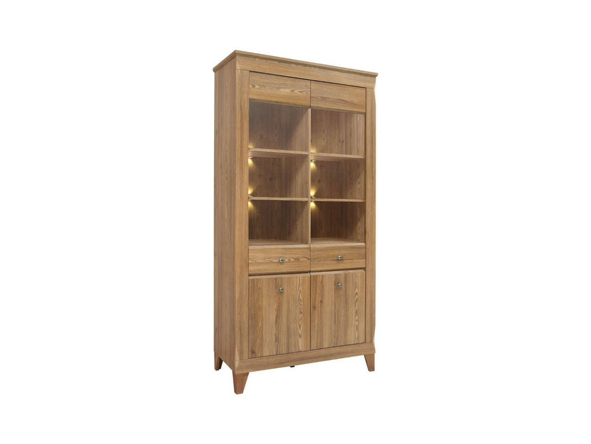 Bergen Display Cabinet — Glass Doors, LED Lighting & Golden Sibiu Larch