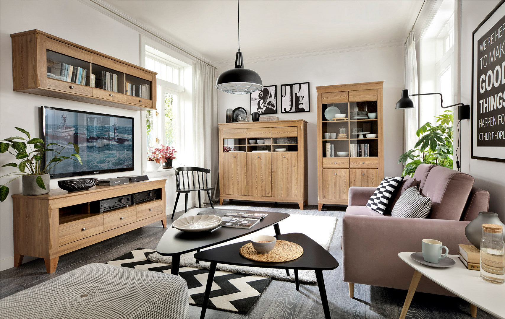 Bergen Display Cabinet — Glass Doors, LED Lighting & Golden Sibiu Larch