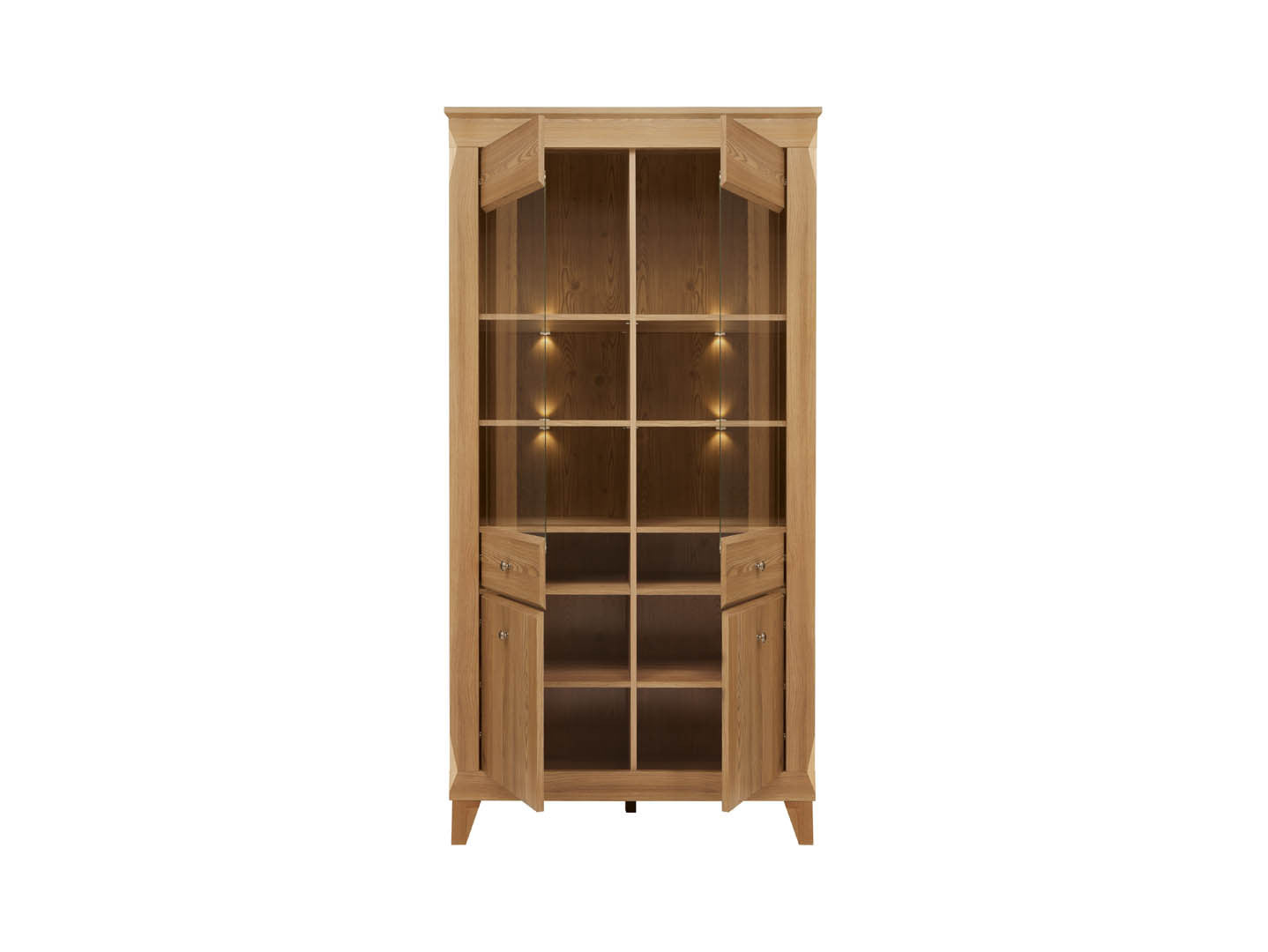 Bergen Display Cabinet — Glass Doors, LED Lighting & Golden Sibiu Larch