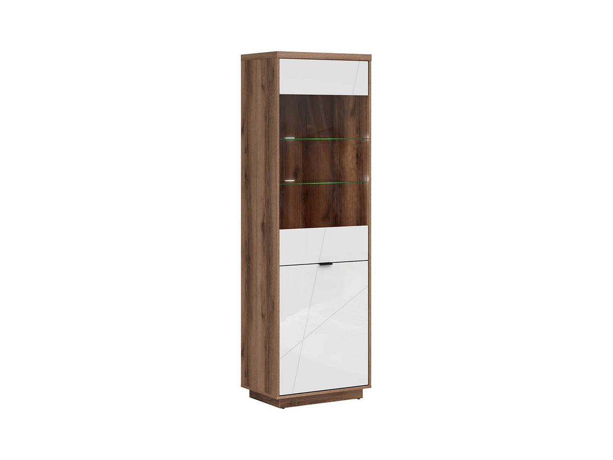 Forn Display Cabinet 64 cm – Dark Delano Oak & White Gloss, Glass Door, 6 Zones, Soft-Close