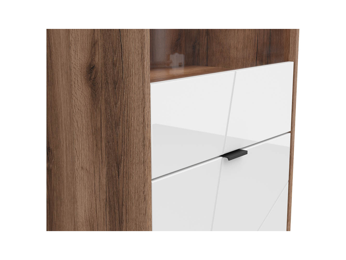 Forn Display Cabinet 64 cm – Dark Delano Oak & White Gloss, Glass Door, 6 Zones, Soft-Close