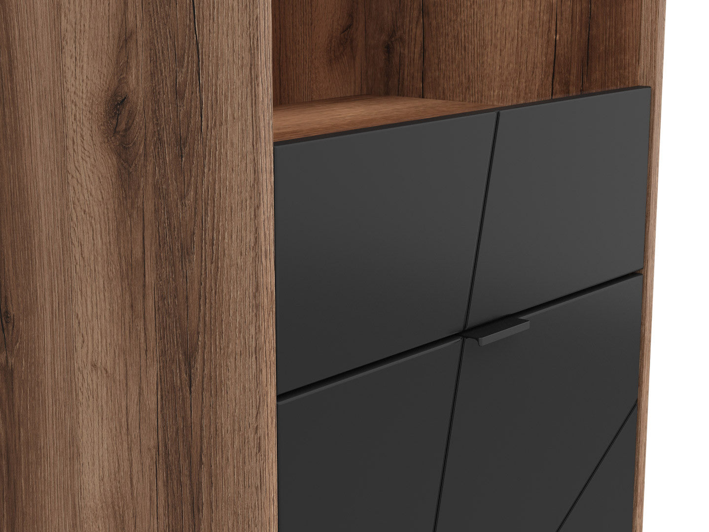 Forn Display Cabinet 64 cm – Dark Delano Oak & Black Matt, Glass Shelves