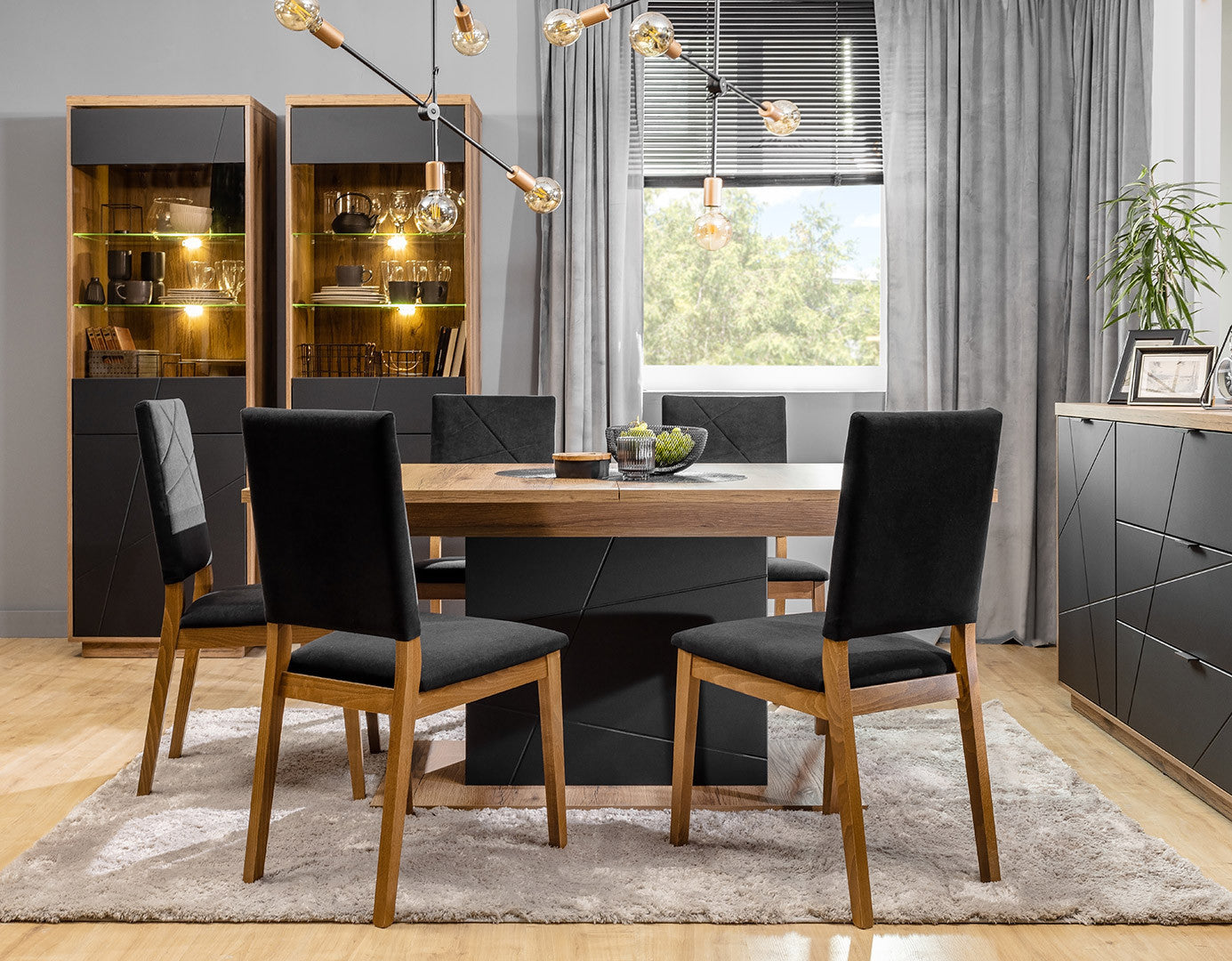Forn Display Cabinet 64 cm – Dark Delano Oak & Black Matt, Glass Shelves
