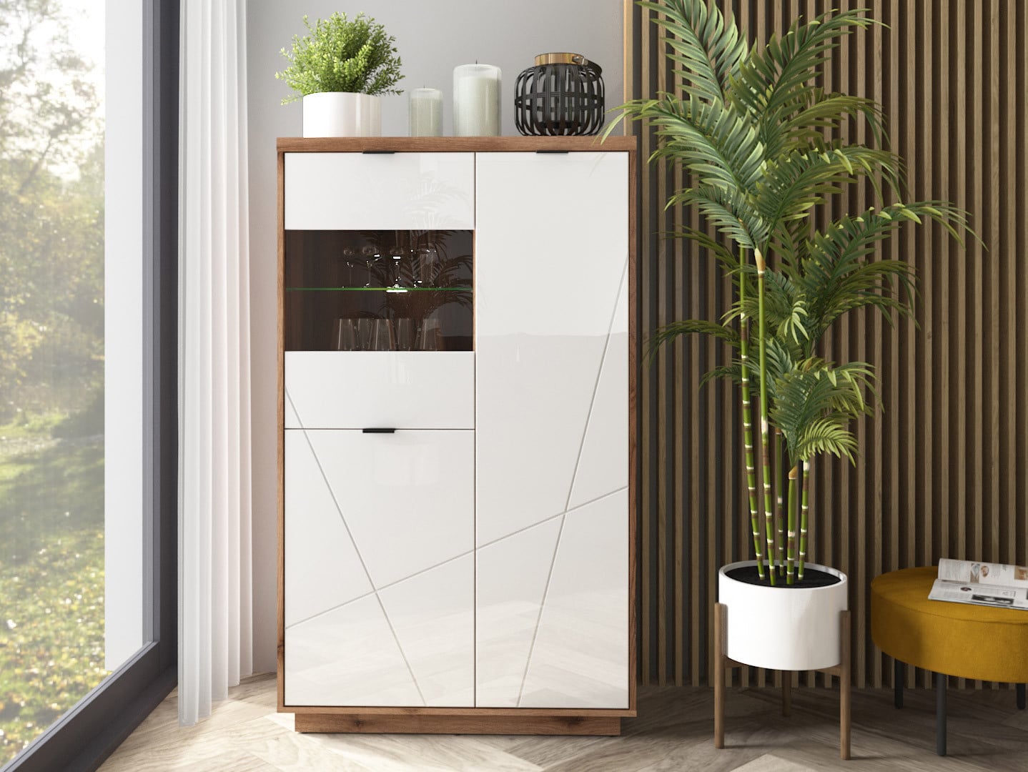 Forn Display Cabinet 94 cm – Dark Delano Oak / White Gloss | 2 Glass Shelves, 8 Storage Zones & LED Option
