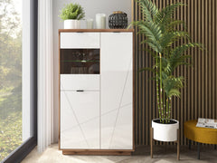 Forn Display Cabinet 94 cm – Dark Delano Oak / White Gloss | 2 Glass Shelves, 8 Storage Zones & LED Option