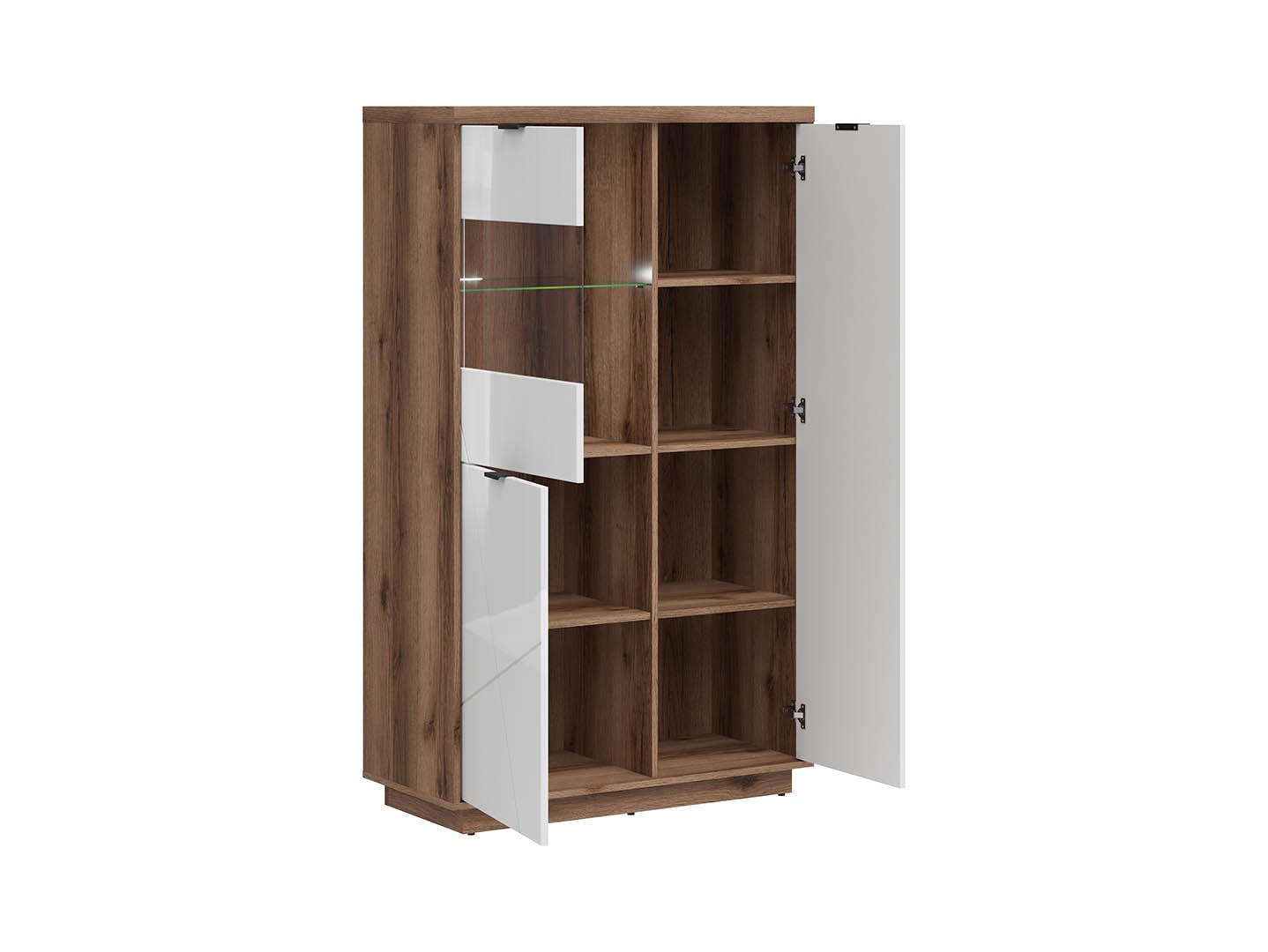 Forn Display Cabinet 94 cm – Dark Delano Oak / White Gloss | 2 Glass Shelves, 8 Storage Zones & LED Option