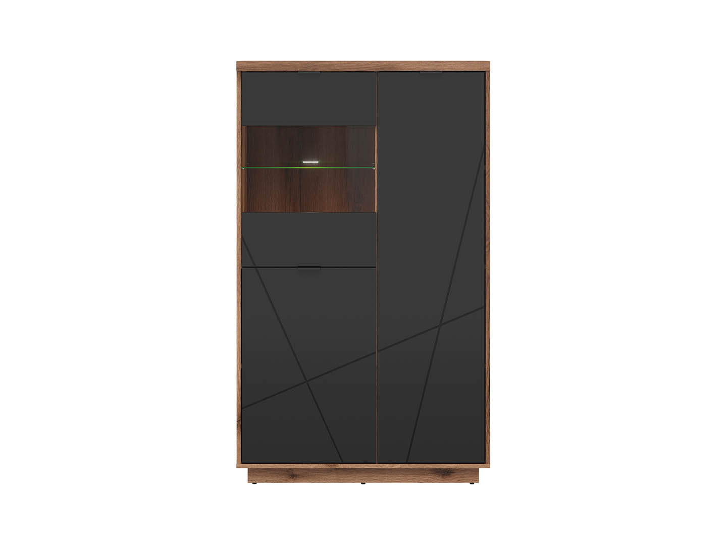 Forn Display Cabinet 94 cm – Dark Delano Oak / Matt Black | 6 Compartments, Glass Shelf & LED Option