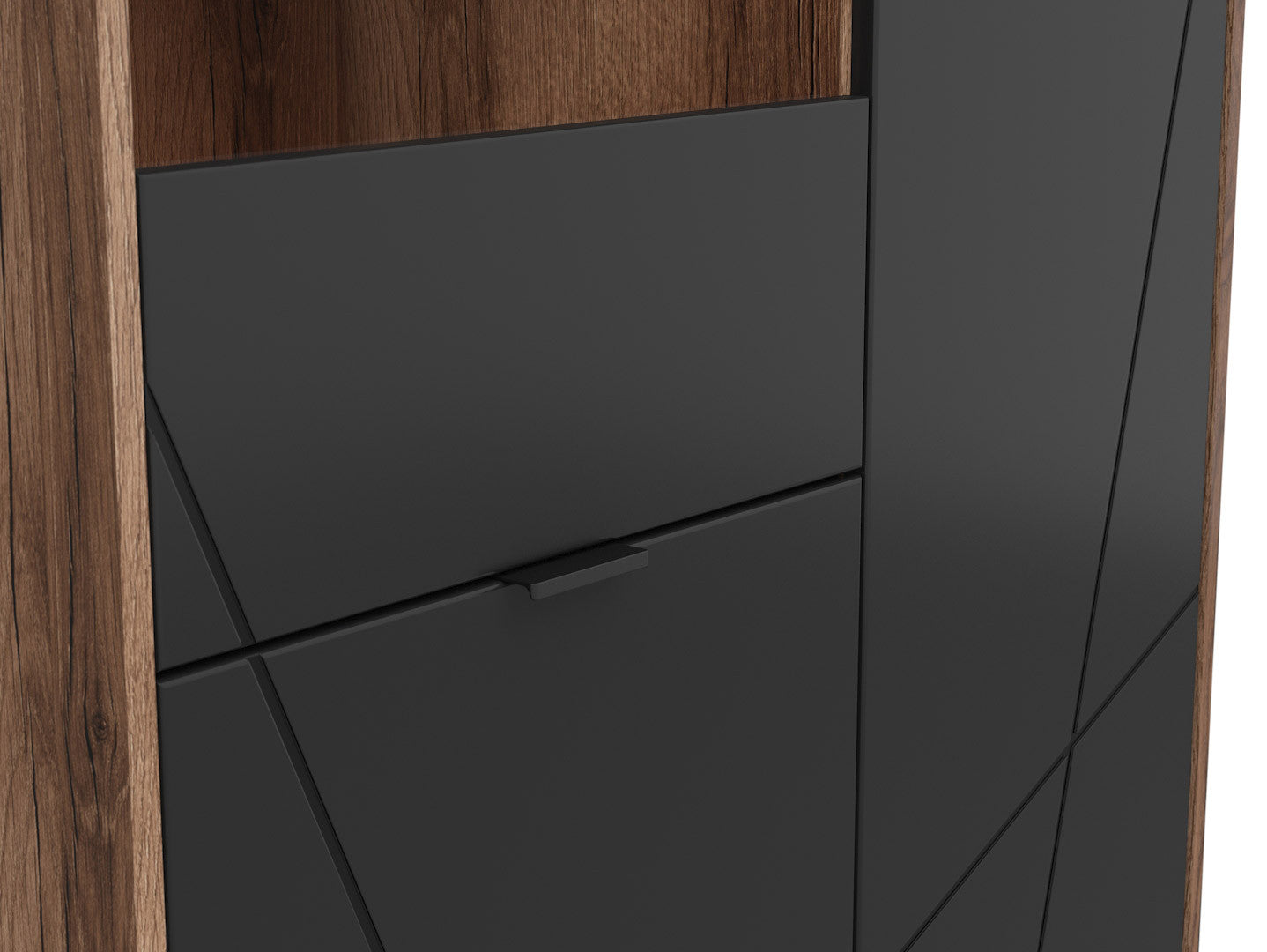 Forn Display Cabinet 94 cm – Dark Delano Oak / Matt Black | 6 Compartments, Glass Shelf & LED Option