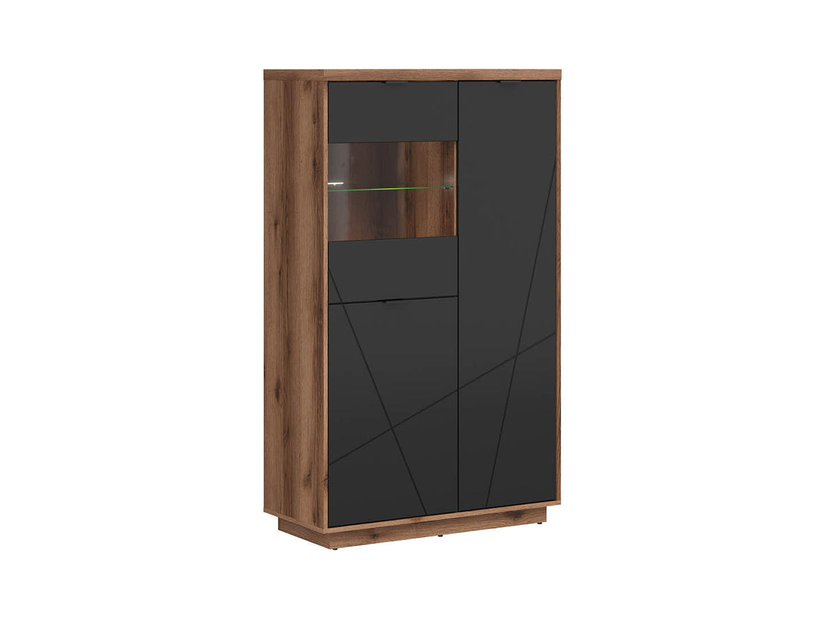 Forn Display Cabinet 94 cm – Dark Delano Oak / Matt Black | 6 Compartments, Glass Shelf & LED Option